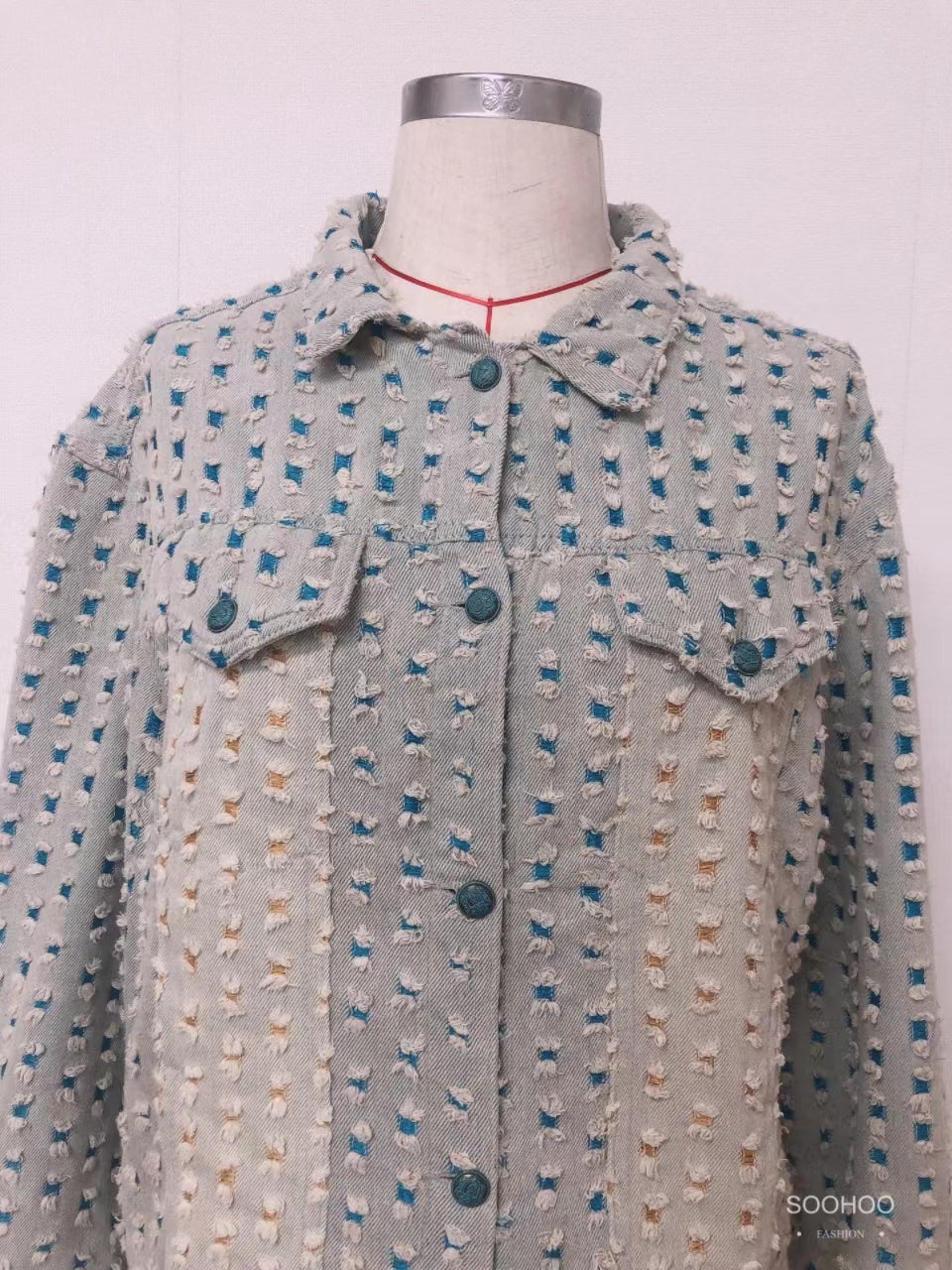 SH1002 Light blue multi-wash ripped slim denim jacket